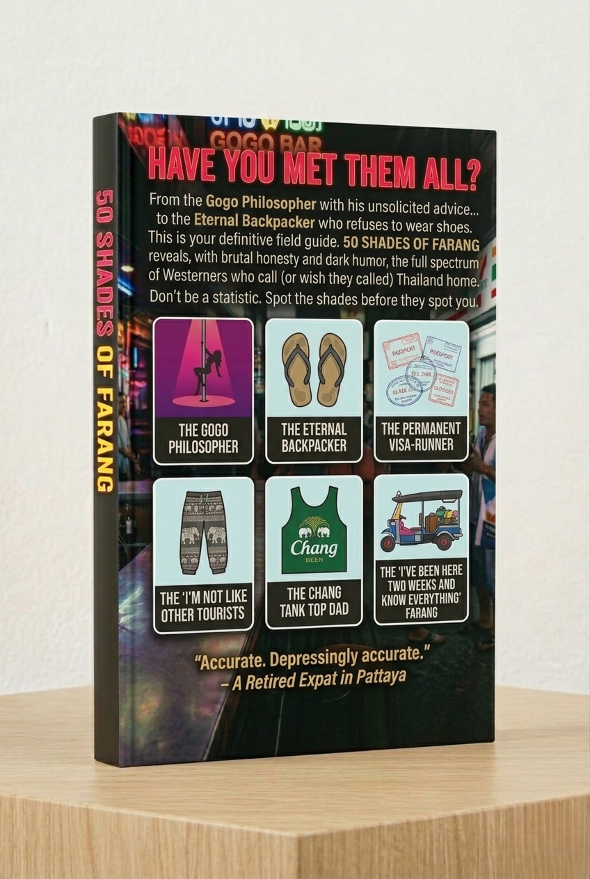 Book titled '30 Shades of Farang' with colorful text and graphics on a wooden surface.