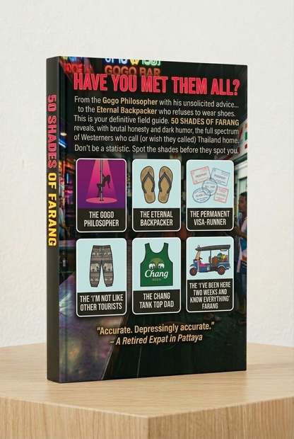 Book titled '30 Shades of Farang' with colorful text and graphics on a wooden surface.