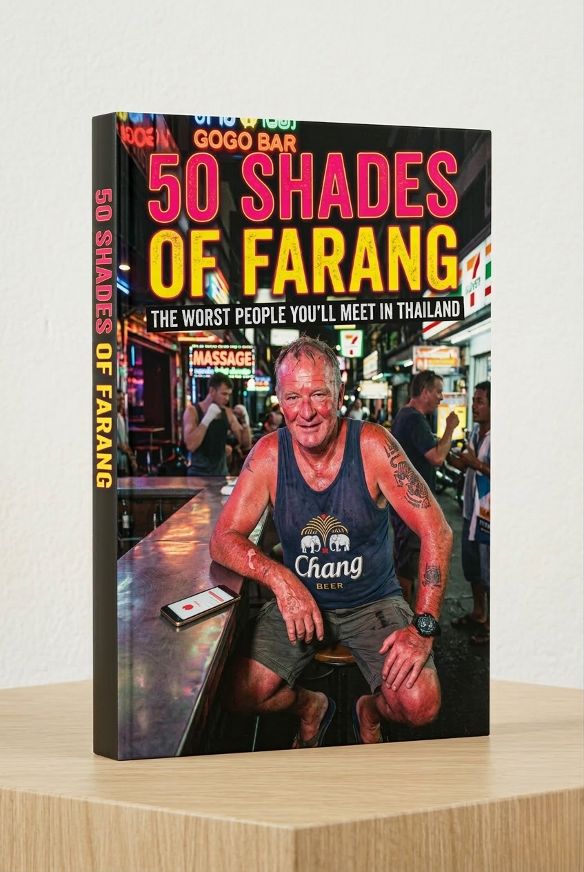 Book titled '50 Shades of Farang' on a wooden surface with a white background