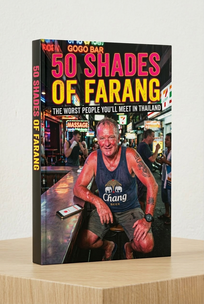 Book titled '50 Shades of Farang' on a wooden surface with a white background