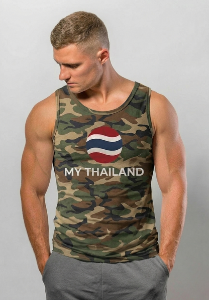 Man wearing a camouflage tank top with 'My Thailand' text and Thai flag design on a plain background