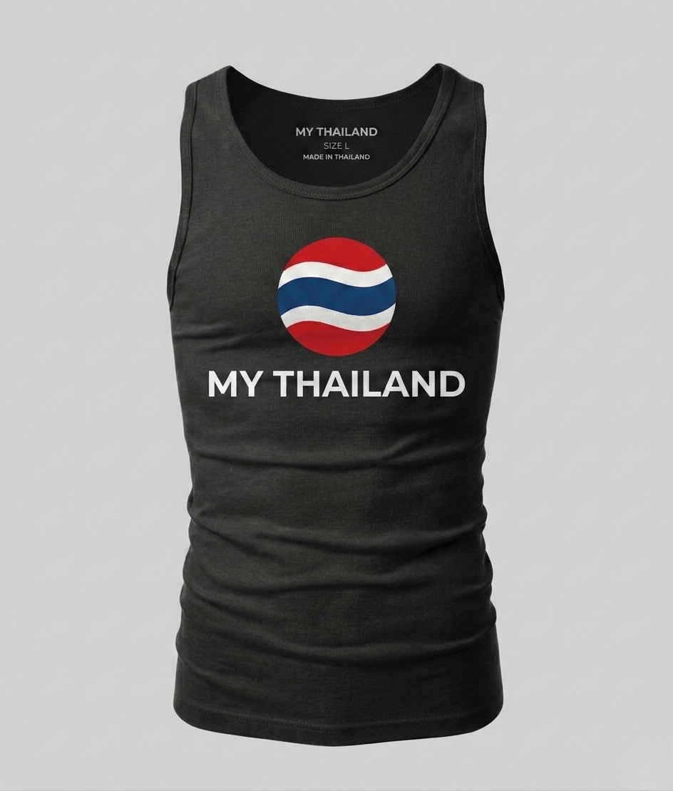 Black tank top with Thai flag design and 'MY THAILAND' text on a gray background