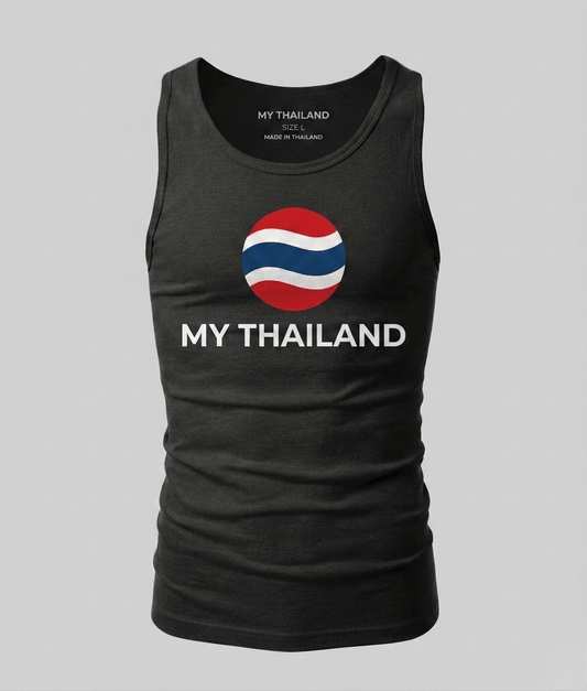 Black tank top with Thai flag design and 'MY THAILAND' text on a gray background