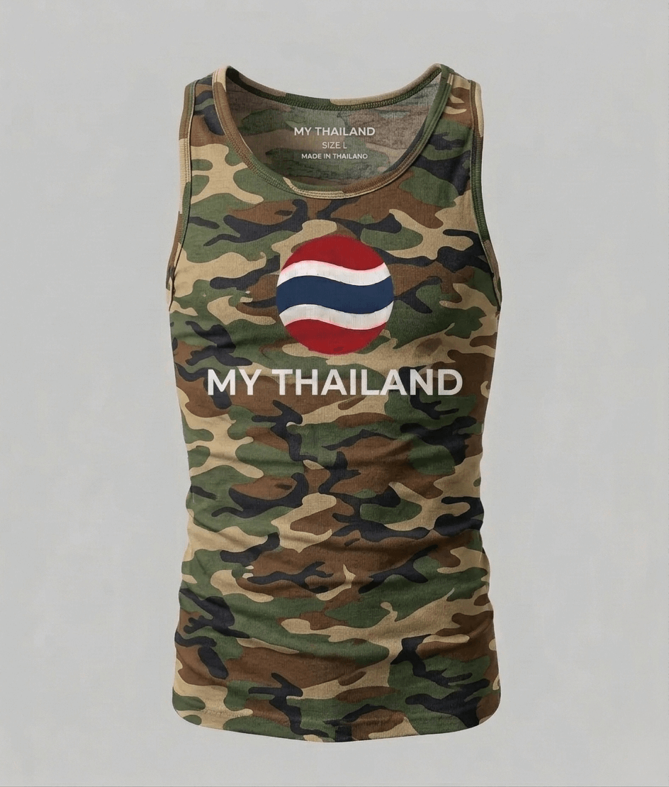 Camouflage tank top with Thai flag design and 'MY THAILAND' text on a gray background