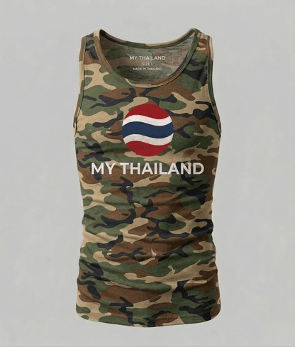 Camouflage tank top with Thai flag design and 'MY THAILAND' text on a gray background