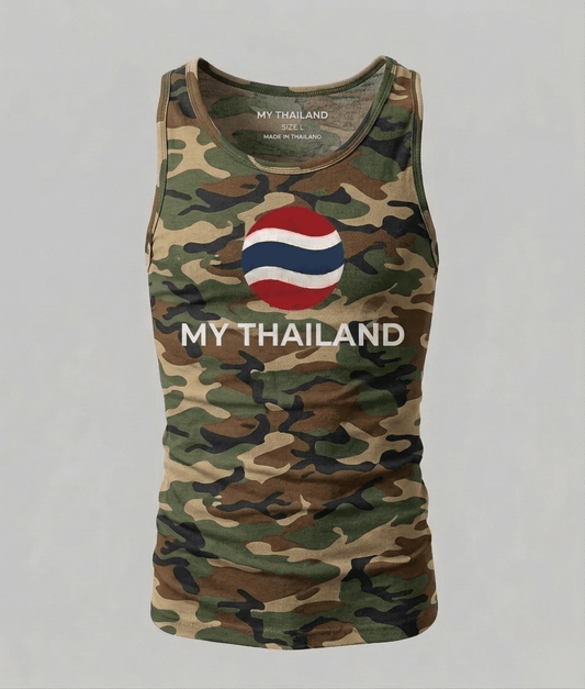 Camouflage tank top with Thai flag design and 'MY THAILAND' text on a gray background