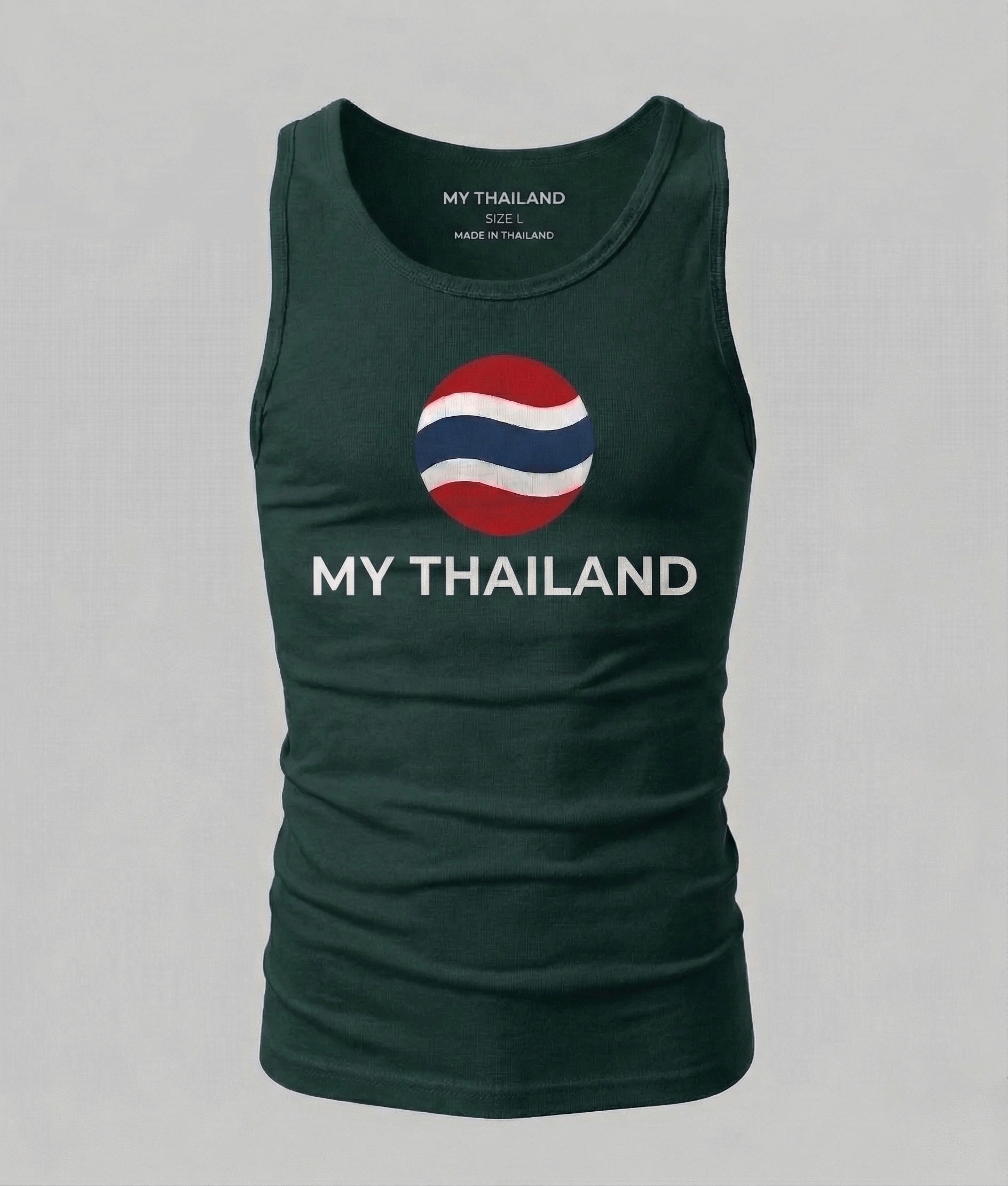 Green tank top with 'My Thailand' design on a gray background